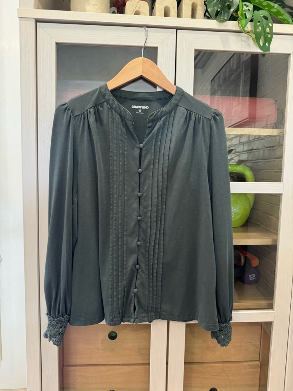 Lands' End Sage Green Button-Front Pintuck Blouse
